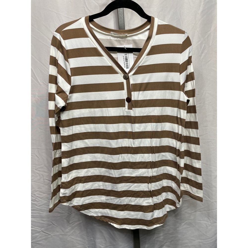 BOM BOM Women's Long Sleeve Striped V Neck Button‎ Detail Top Medium Made in USA